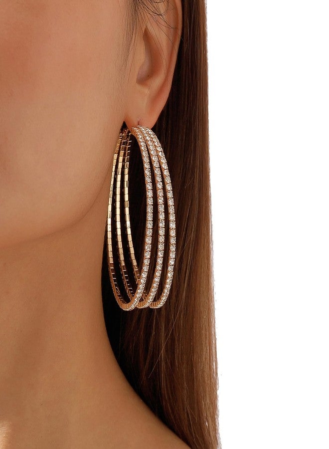 WFik 1Pair Luxury Crystal Large Hoop Dangle Earrings - Big Circle & Heart Rhinestone Statement Drop Earrings - Bridal Wedding Jewelry for Women (Hoop&gold) - Image 3